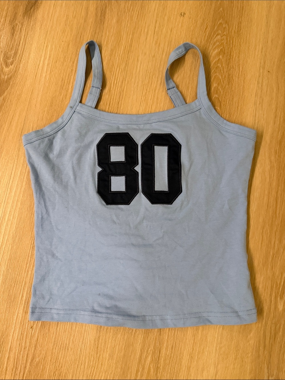 Edikted Baby Blue Spaghetti Strap Camisole with Black '80' Patch